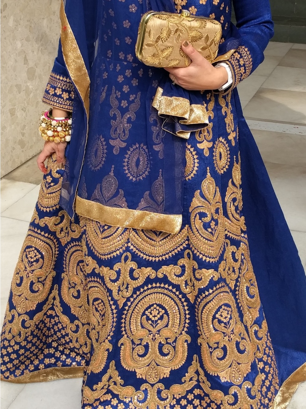 Elegant Navy Blue Maxi Dress with Gold Embroidery